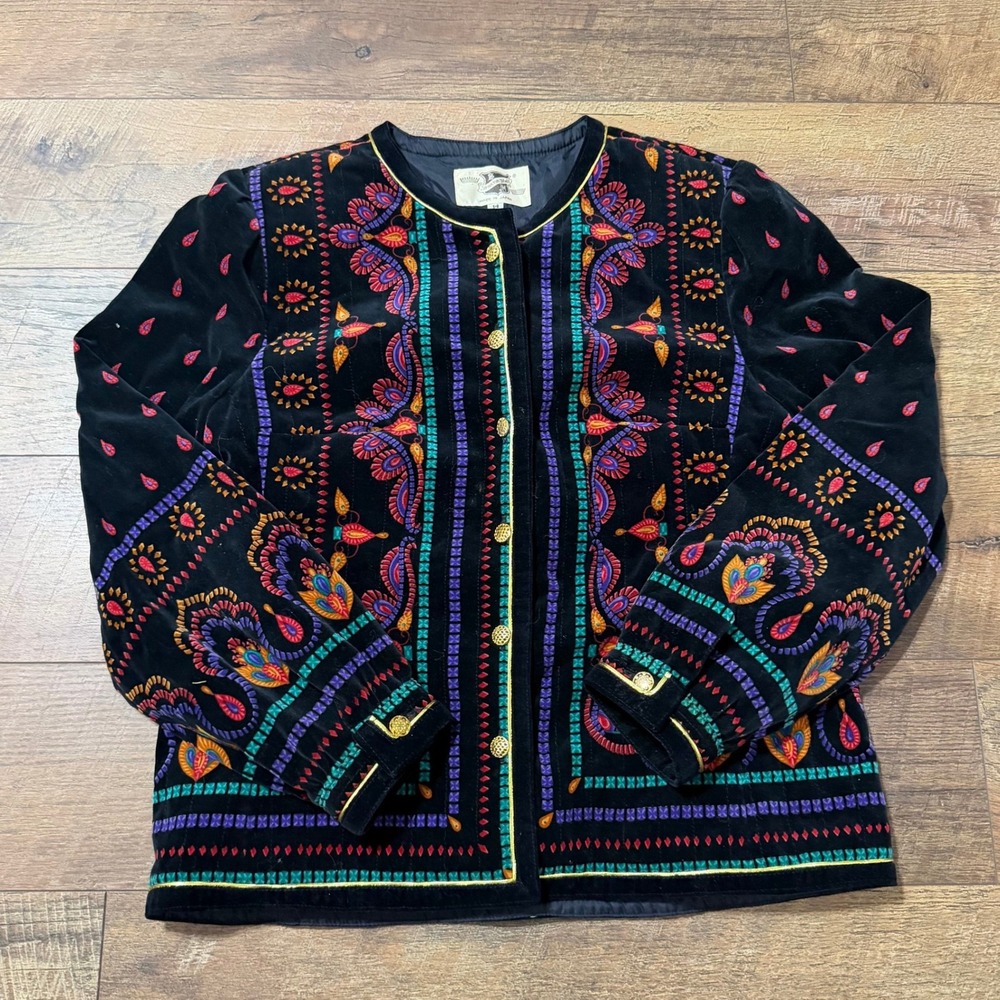 Vintage Saxton Hall Black Velvet Embroidered Paisley Jacket Gold Buttons Size 14